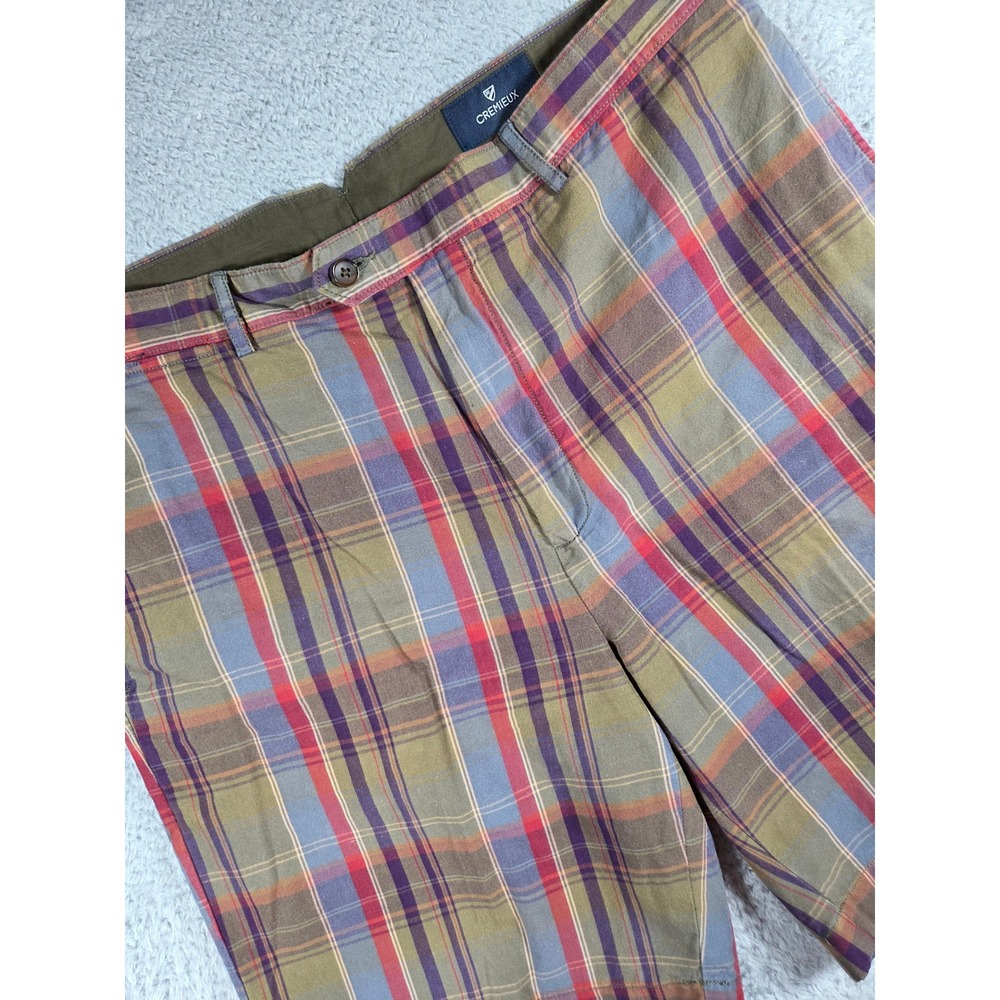 Cremieux Plaid Shorts 38 Olive Red Men Multi Color Cotton Flat Front Casual